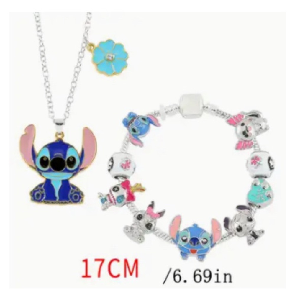 NWT - Disney Stitch Necklace and Silver Charm Bracelet Set.